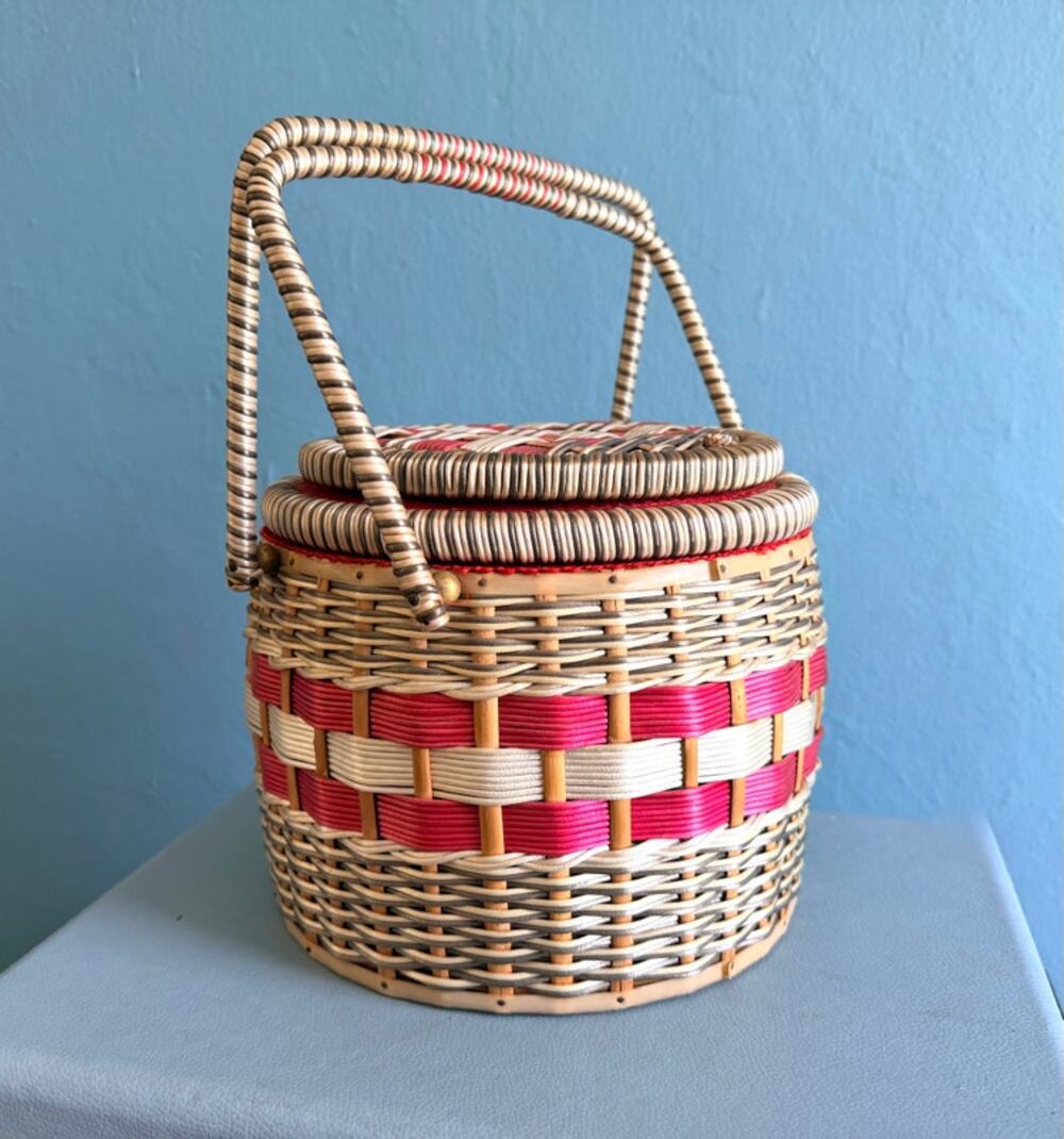 1950s Wicker Sewing Basket 2 Tier Double Box Purse Red Tufted Tray Pull Out